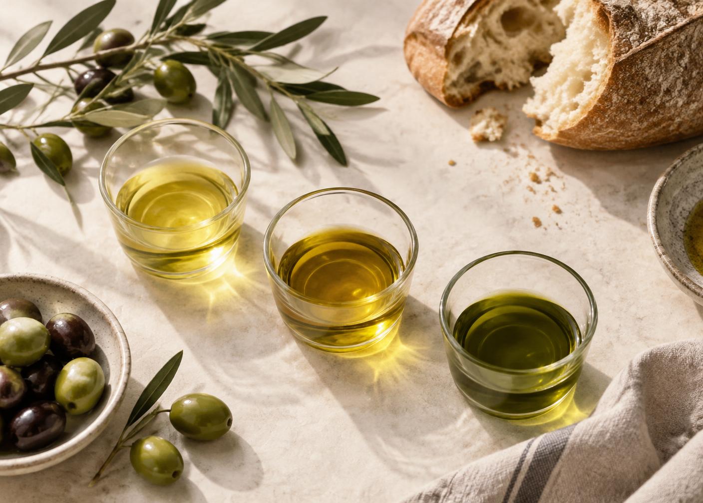 Three tasting glasses of olive oil ranging from pale gold to deep green, beside bread and olives